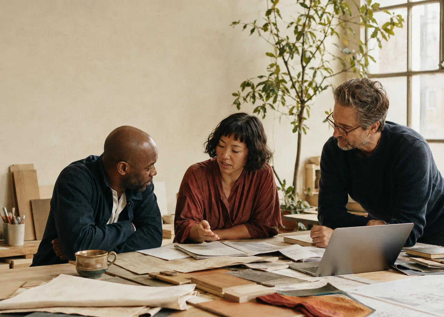 Three independent business founders sharing work around a sunlit studio table