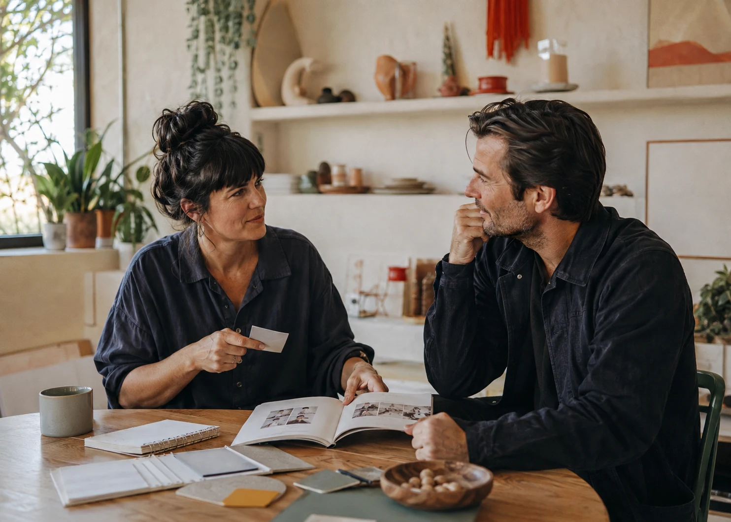 Two business owners in a candid conversation at a worktable