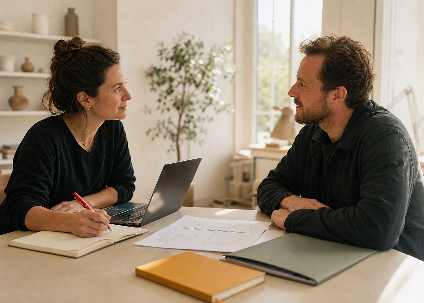 An independent reviewer listening to a company founder across a worktable