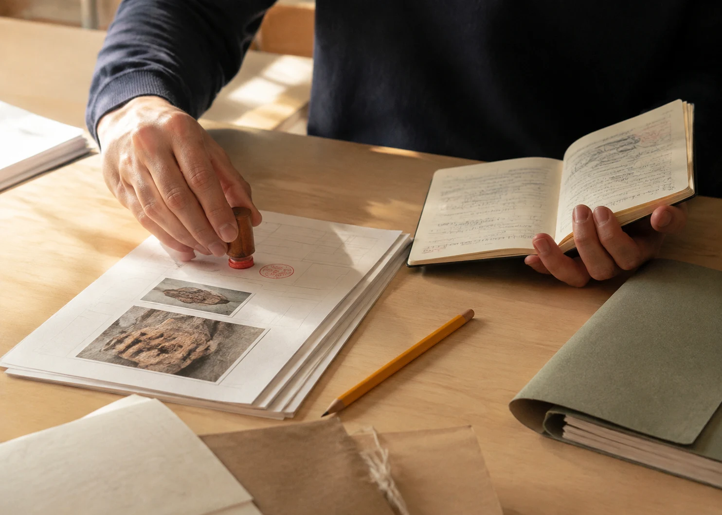 A human reviewer stamping a dated evidence record at a worktable